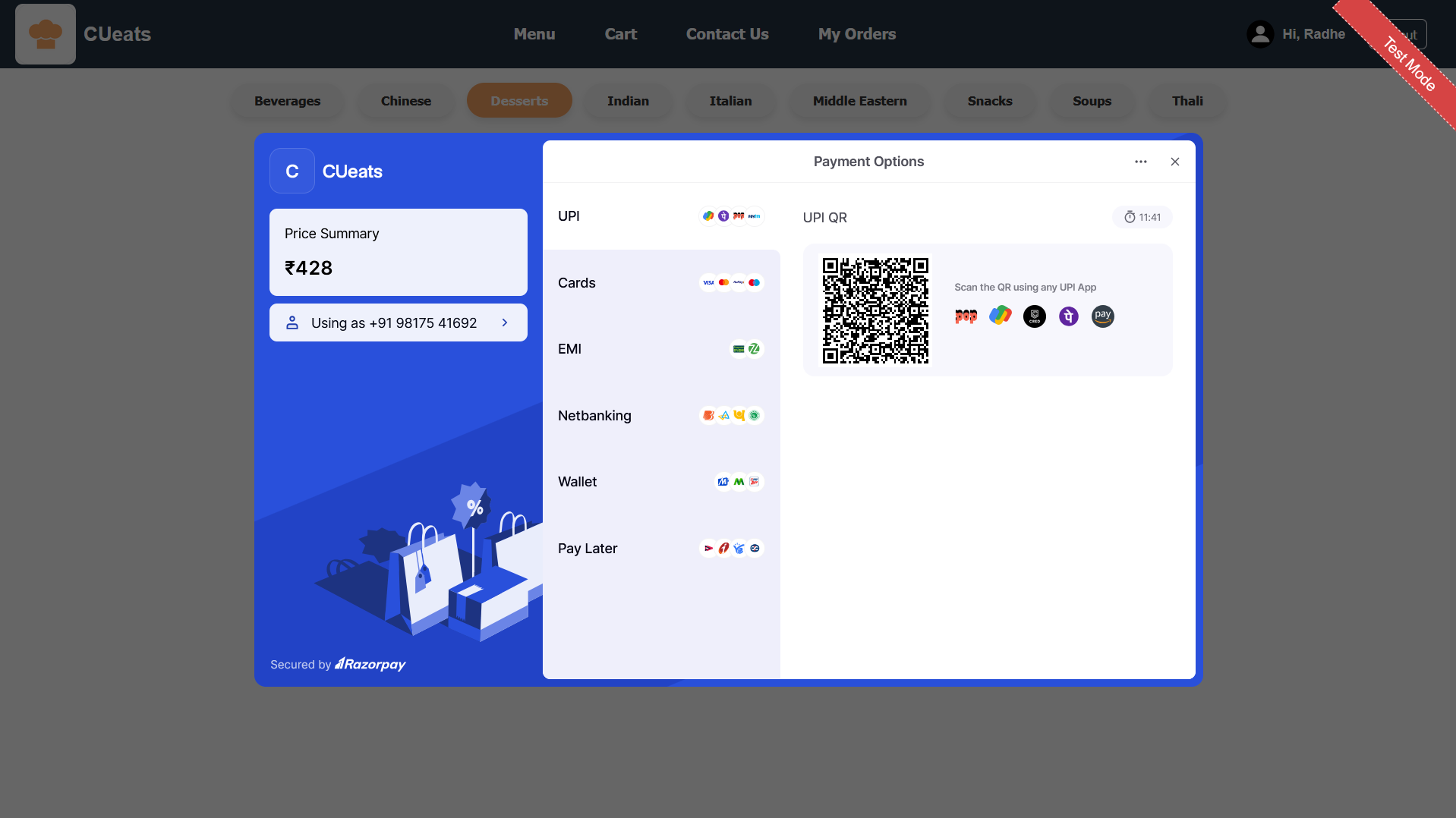 Menu and cart interaction interface